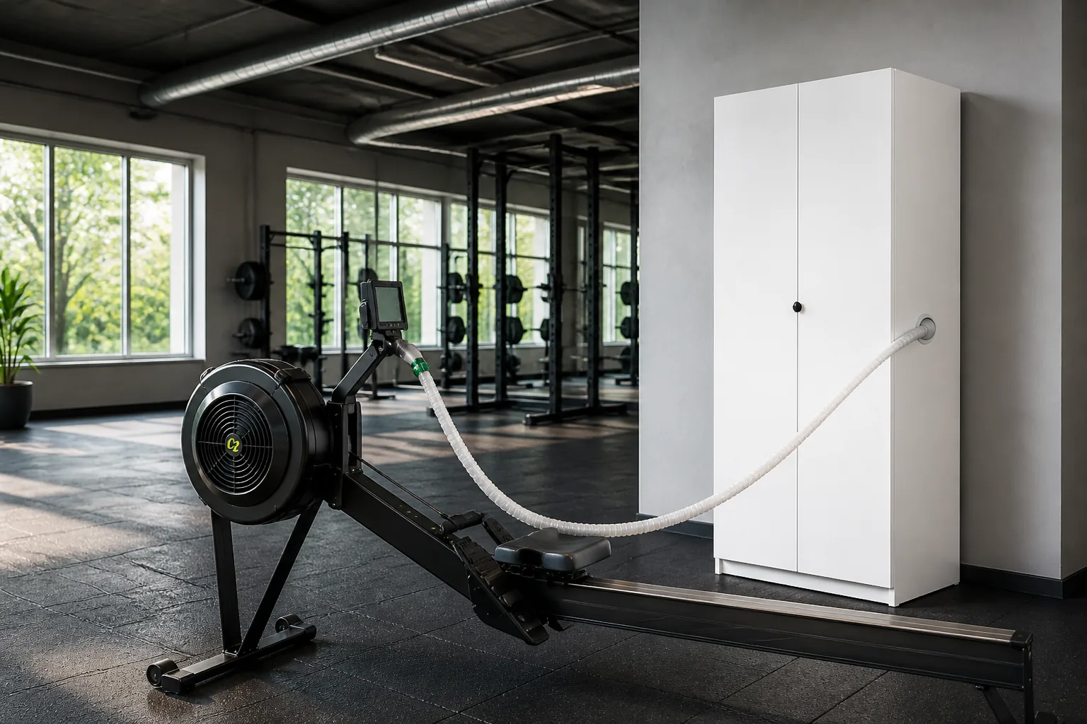 白色氧疗训练机柜旁的划船机，侧面出管