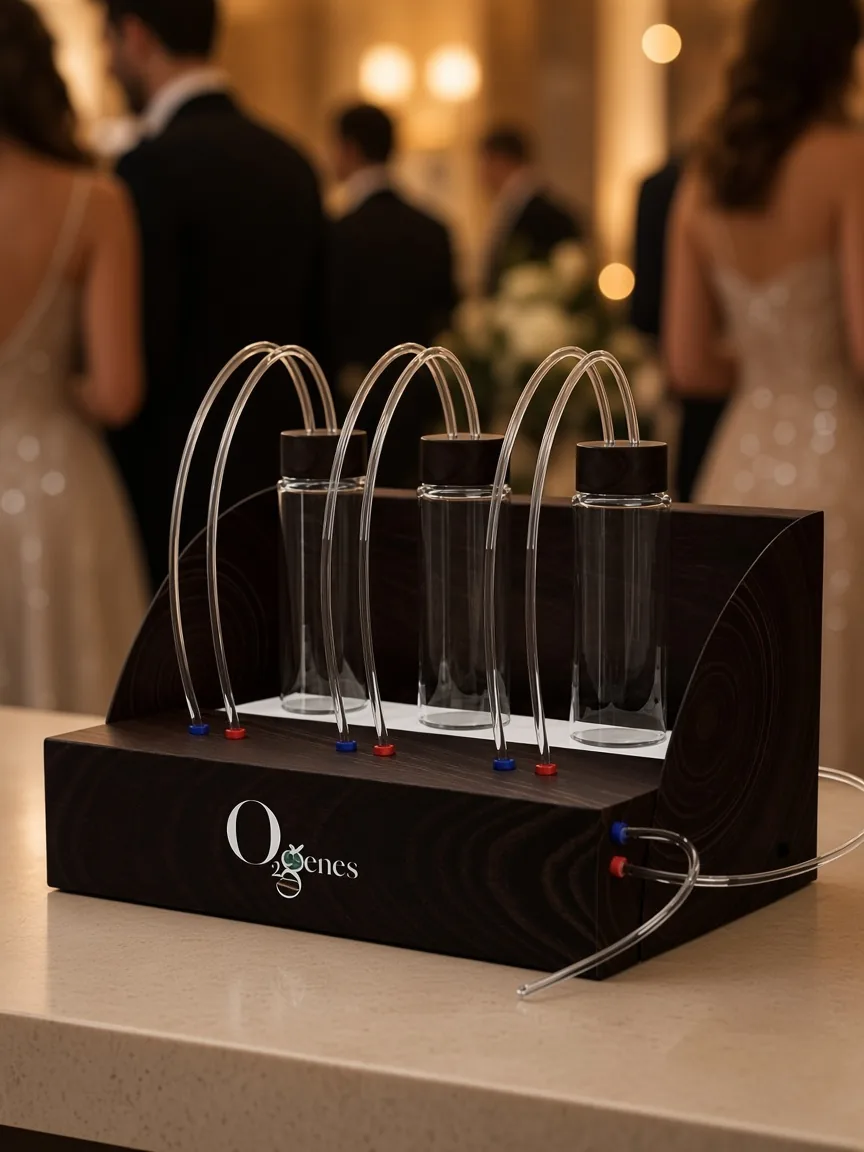 O2genes Oxygen Bar in focus at an event, with guests softly blurred beside it